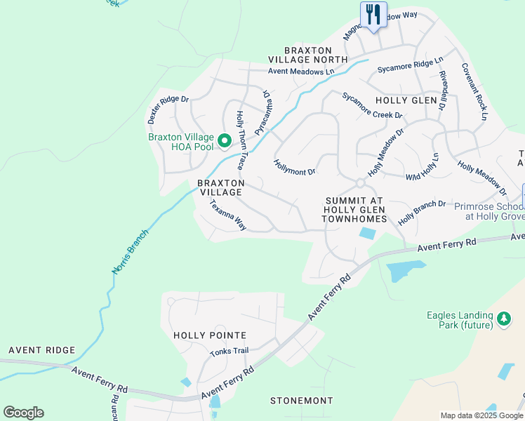 map of restaurants, bars, coffee shops, grocery stores, and more near 420 Texanna Way in Holly Springs