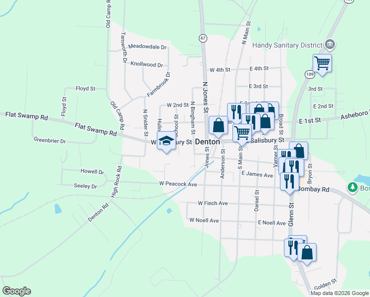 map of restaurants, bars, coffee shops, grocery stores, and more near 247 West Salisbury Street in Denton