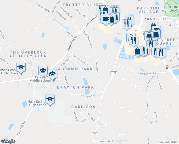 map of restaurants, bars, coffee shops, grocery stores, and more near 113 Touvelle Court in Holly Springs