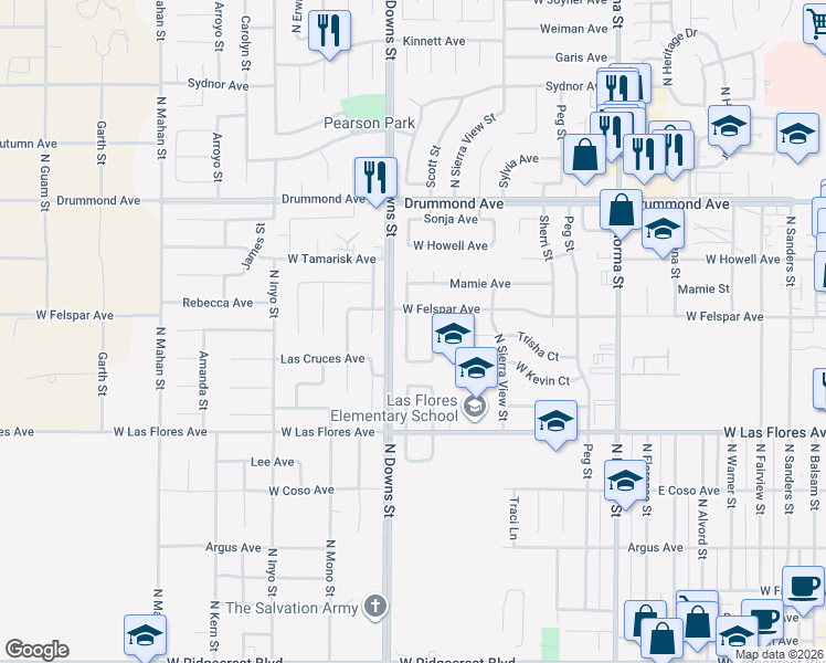 map of restaurants, bars, coffee shops, grocery stores, and more near 636 Randall Street in Ridgecrest