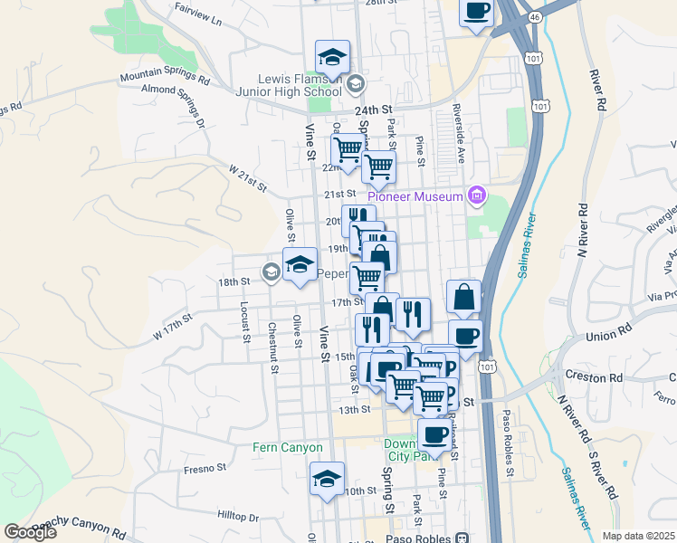 map of restaurants, bars, coffee shops, grocery stores, and more near 1744 Oak Street in Paso Robles