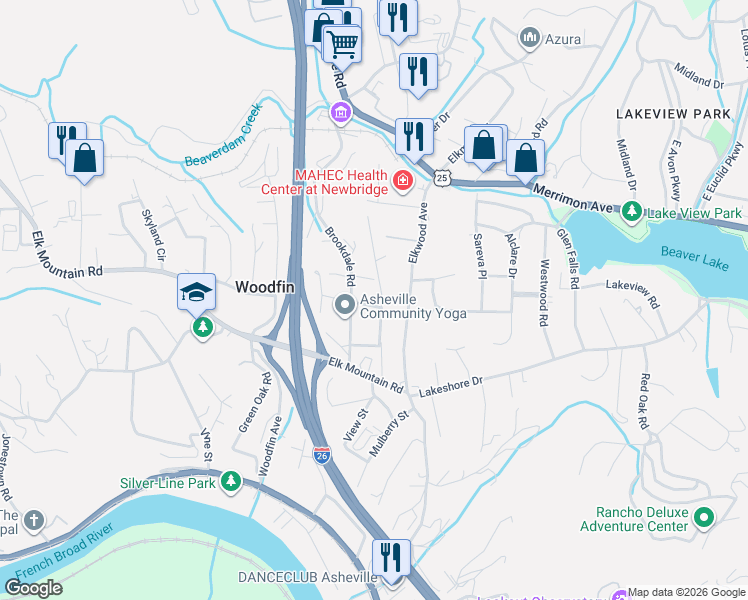 map of restaurants, bars, coffee shops, grocery stores, and more near 19 Brookdale Road in Woodfin
