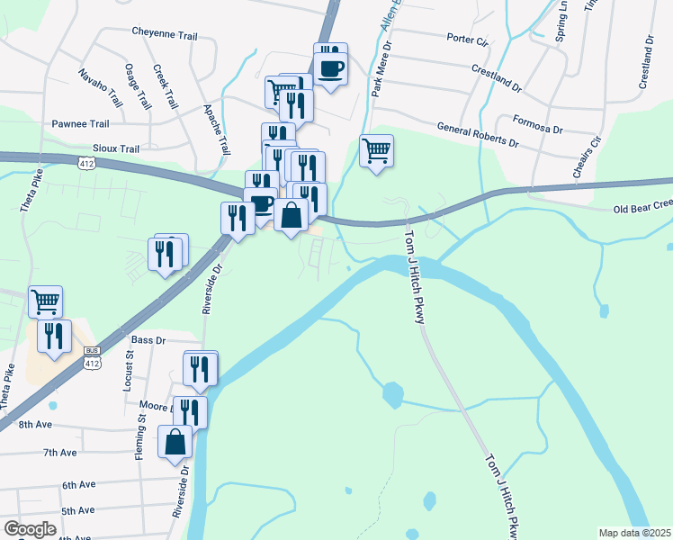 map of restaurants, bars, coffee shops, grocery stores, and more near 162 Old Bear Creek Pike in Columbia