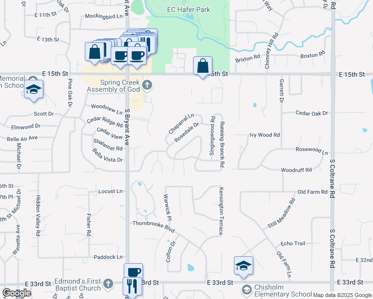 map of restaurants, bars, coffee shops, grocery stores, and more near 1905 Ridgecrest Road in Edmond