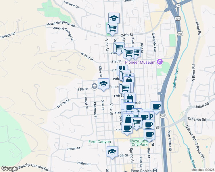 map of restaurants, bars, coffee shops, grocery stores, and more near 1803 Vine Street in Paso Robles
