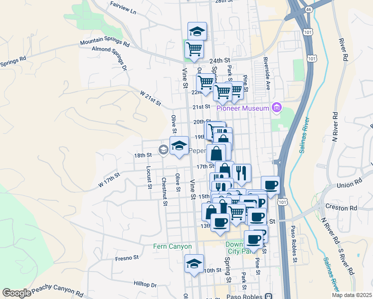 map of restaurants, bars, coffee shops, grocery stores, and more near 1803 Vine Street in Paso Robles