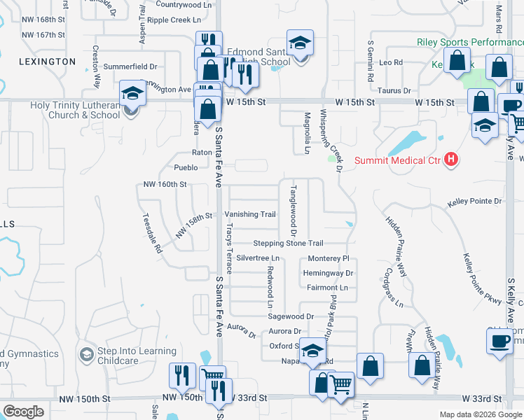 map of restaurants, bars, coffee shops, grocery stores, and more near 2000 Vanishing Trail in Edmond