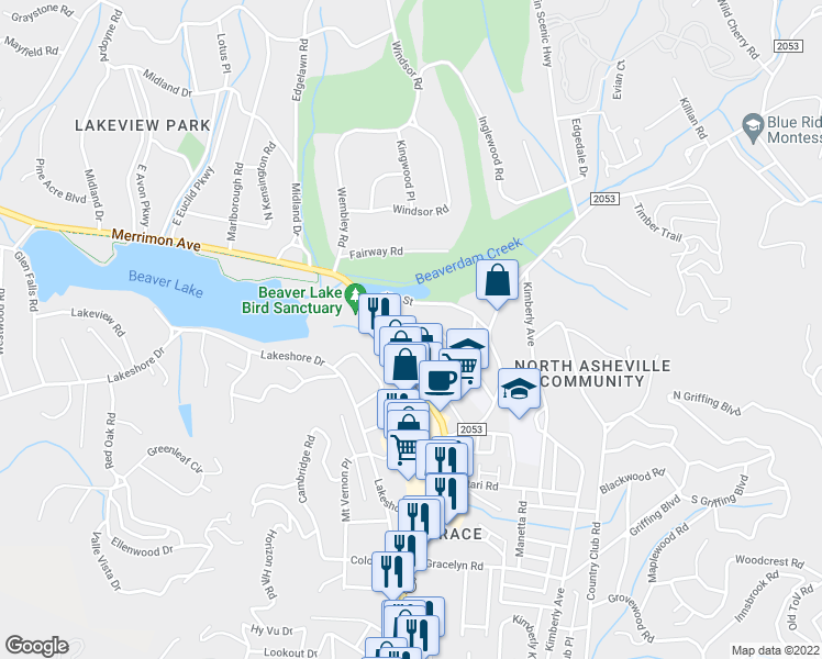 map of restaurants, bars, coffee shops, grocery stores, and more near 13 Beaver Point Park in Asheville