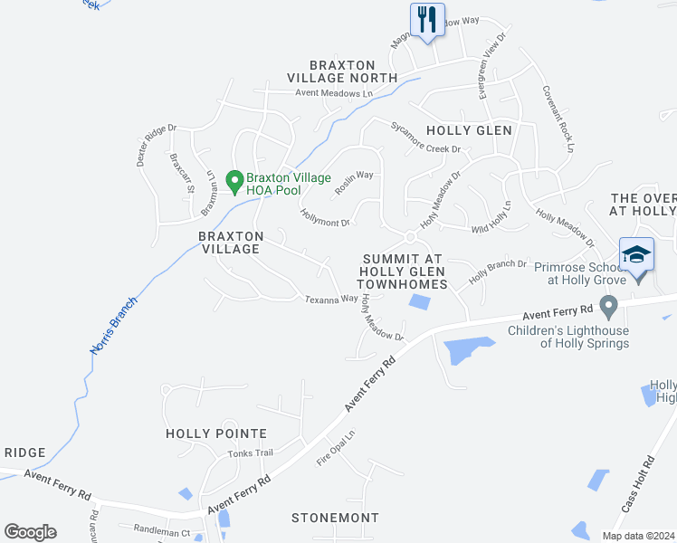 map of restaurants, bars, coffee shops, grocery stores, and more near 116 Holly Thorn Trace in Holly Springs