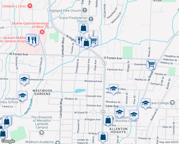 map of restaurants, bars, coffee shops, grocery stores, and more near 215 Roland Avenue in Jackson