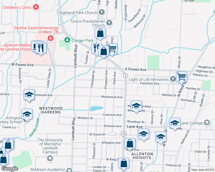 map of restaurants, bars, coffee shops, grocery stores, and more near 215 Roland Avenue in Jackson