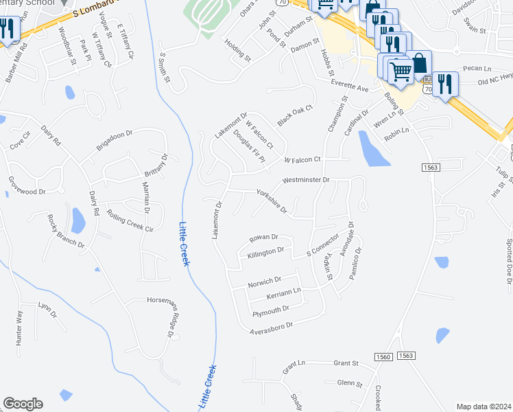 map of restaurants, bars, coffee shops, grocery stores, and more near 505 Westminster Drive in Clayton