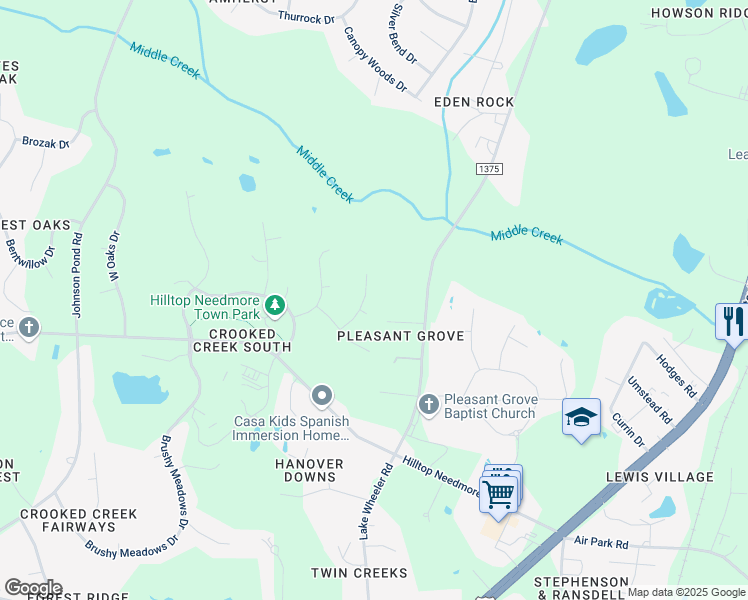 map of restaurants, bars, coffee shops, grocery stores, and more near 5416 Willow Bridge Lane in Fuquay-Varina