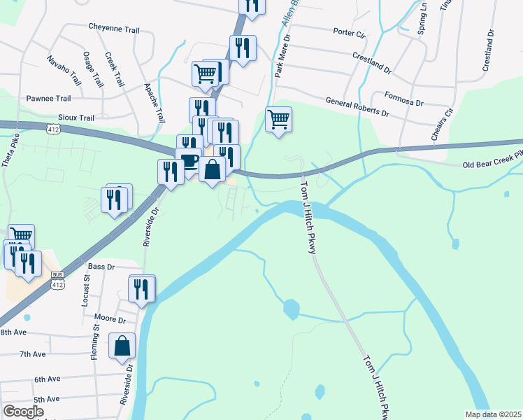 map of restaurants, bars, coffee shops, grocery stores, and more near 162 Old Bear Creek Pike in Columbia