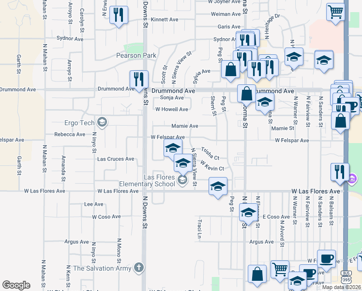 map of restaurants, bars, coffee shops, grocery stores, and more near 715 Trisha Court in Ridgecrest