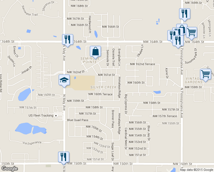 map of restaurants, bars, coffee shops, grocery stores, and more near 2613 Northwest 160th Street in Edmond