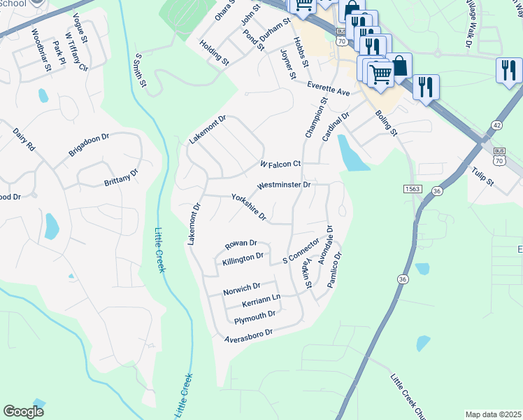 map of restaurants, bars, coffee shops, grocery stores, and more near 761 Yorkshire Drive in Clayton