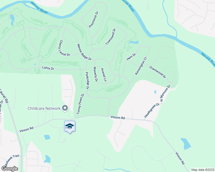 map of restaurants, bars, coffee shops, grocery stores, and more near 1133 Neuse Ridge Drive in Clayton