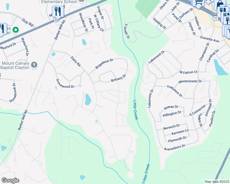 map of restaurants, bars, coffee shops, grocery stores, and more near 242 Rolling Creek Circle in Clayton