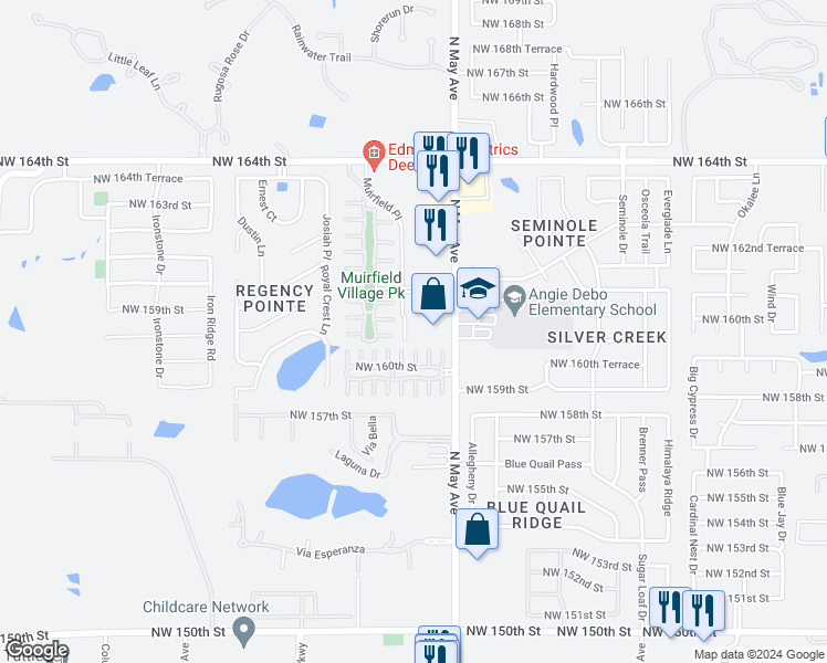 map of restaurants, bars, coffee shops, grocery stores, and more near 16214 Muirfield Place in Edmond