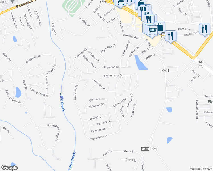 map of restaurants, bars, coffee shops, grocery stores, and more near 49 Chesterfield Court in Clayton