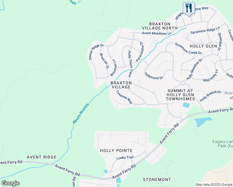map of restaurants, bars, coffee shops, grocery stores, and more near 513 Texanna Way in Holly Springs