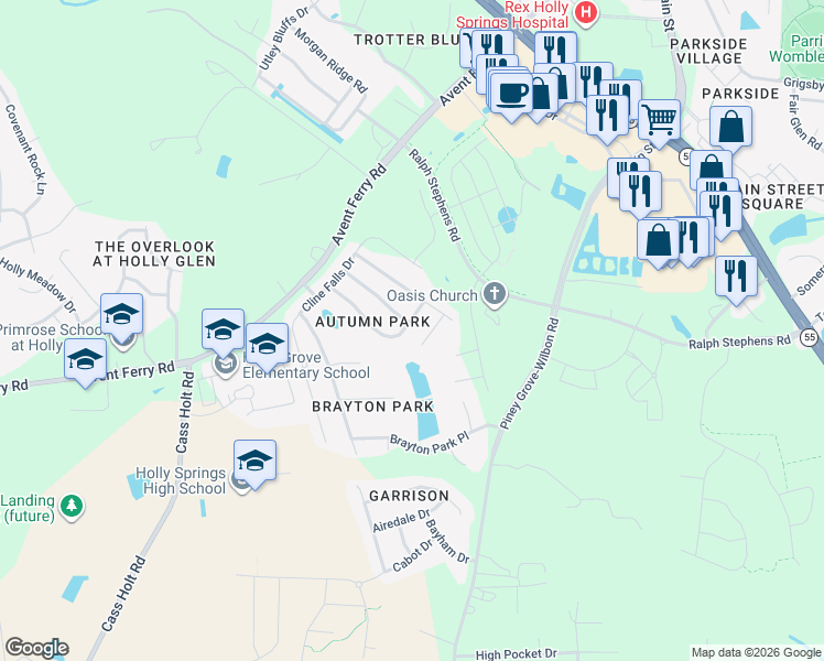 map of restaurants, bars, coffee shops, grocery stores, and more near 132 Touvelle Court in Holly Springs