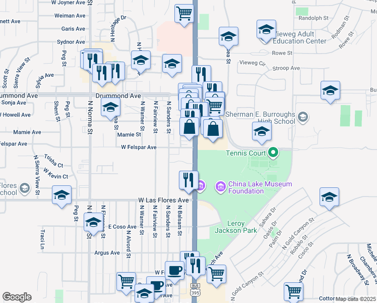 map of restaurants, bars, coffee shops, grocery stores, and more near 643 North China Lake Boulevard in Ridgecrest
