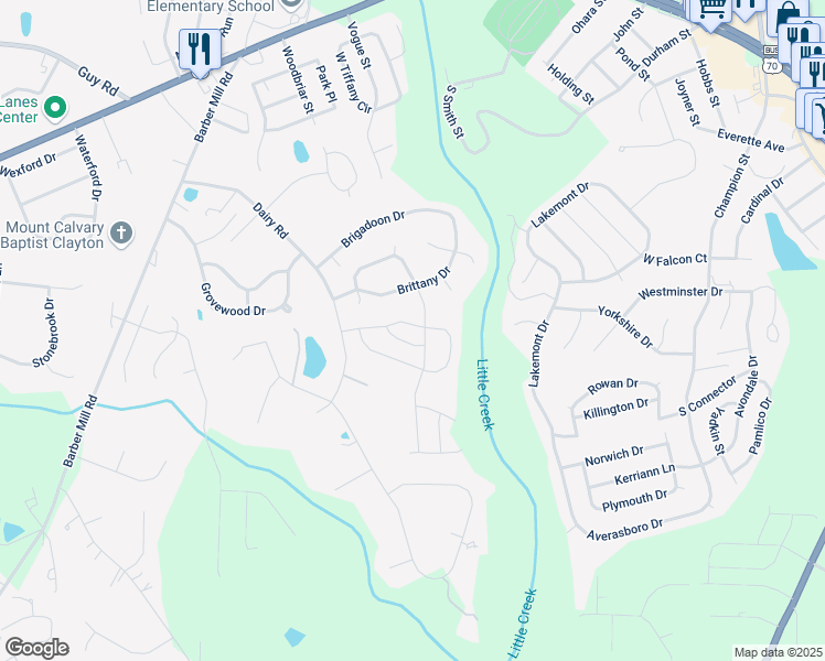 map of restaurants, bars, coffee shops, grocery stores, and more near 242 Rolling Creek Circle in Clayton