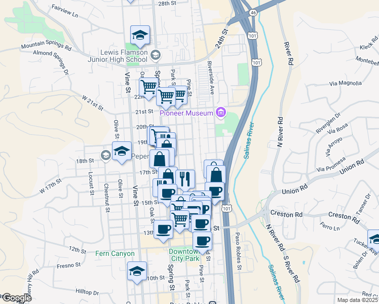 map of restaurants, bars, coffee shops, grocery stores, and more near 1803 Pine Street in Paso Robles