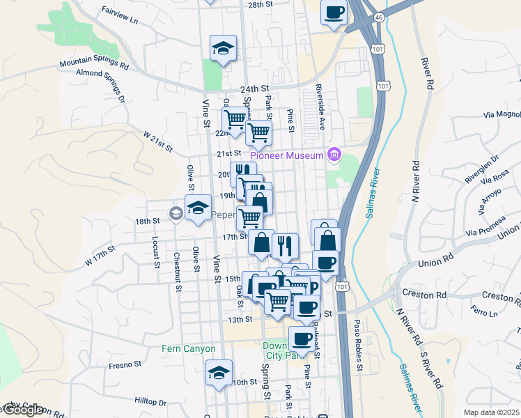 map of restaurants, bars, coffee shops, grocery stores, and more near 1732 Spring Street in Paso Robles