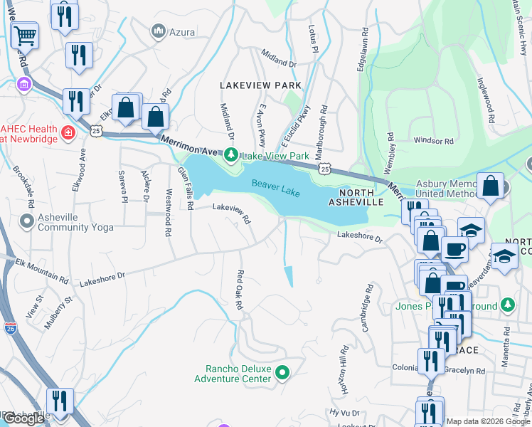 map of restaurants, bars, coffee shops, grocery stores, and more near 351 Lakeshore Drive in Asheville