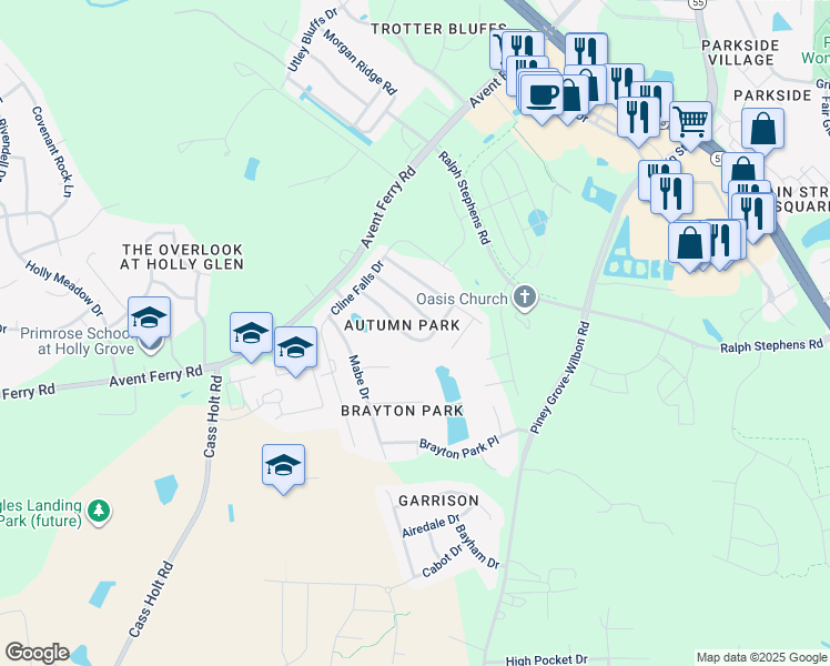 map of restaurants, bars, coffee shops, grocery stores, and more near 149 Chandler Springs Drive in Holly Springs