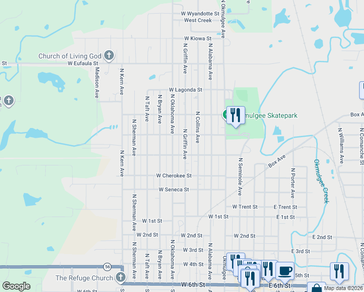 map of restaurants, bars, coffee shops, grocery stores, and more near 928 North Griffin Avenue in Okmulgee
