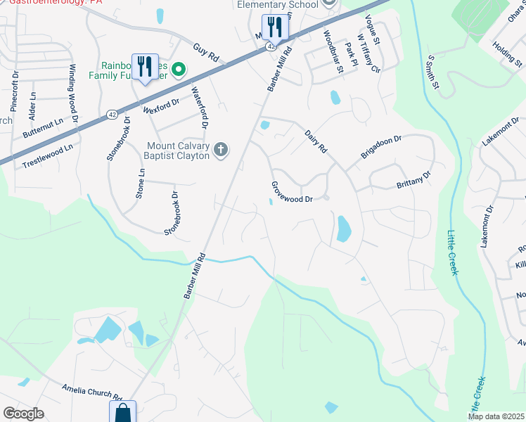 map of restaurants, bars, coffee shops, grocery stores, and more near 300 Hunter Way in Clayton