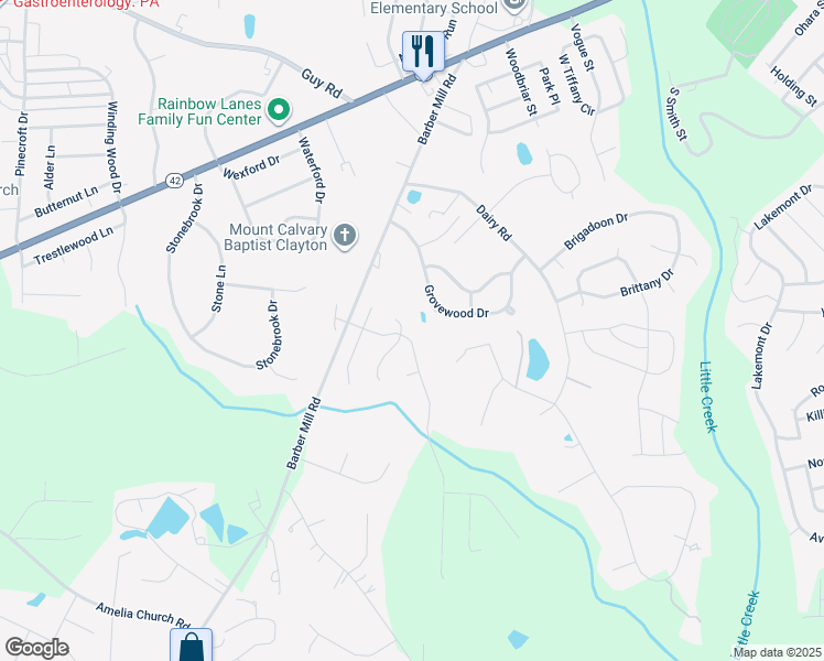 map of restaurants, bars, coffee shops, grocery stores, and more near 300 Hunter Way in Clayton