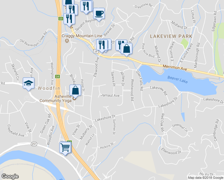 map of restaurants, bars, coffee shops, grocery stores, and more near 5 Sareva Place in Asheville