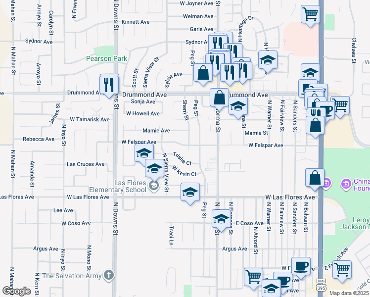 map of restaurants, bars, coffee shops, grocery stores, and more near 649 Sherri Street in Ridgecrest