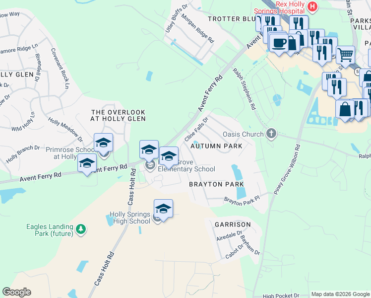 map of restaurants, bars, coffee shops, grocery stores, and more near 217 Cline Falls Drive in Holly Springs