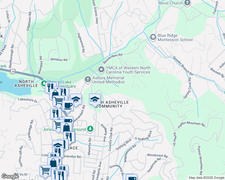 map of restaurants, bars, coffee shops, grocery stores, and more near 12 Country Club Trail in Asheville