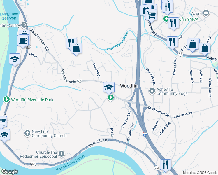map of restaurants, bars, coffee shops, grocery stores, and more near 111 Elk Mountain Road in Asheville