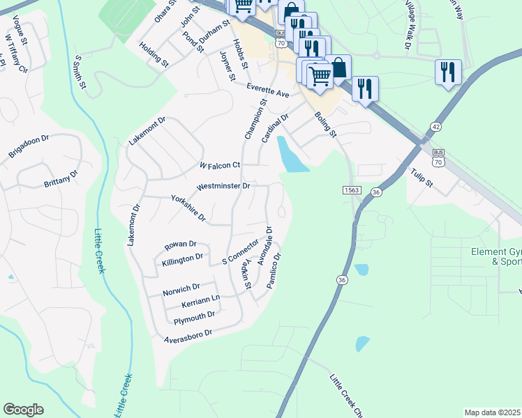 map of restaurants, bars, coffee shops, grocery stores, and more near 624 Avondale Drive in Clayton