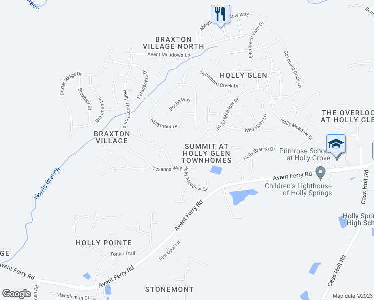 map of restaurants, bars, coffee shops, grocery stores, and more near 100 Plumbago Place in Holly Springs