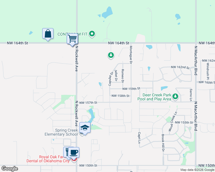 map of restaurants, bars, coffee shops, grocery stores, and more near 16104 Capulet Drive in Edmond