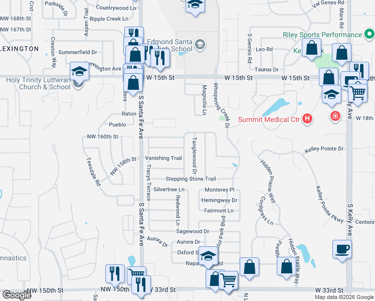 map of restaurants, bars, coffee shops, grocery stores, and more near 2000 Lazybrook Trail in Edmond