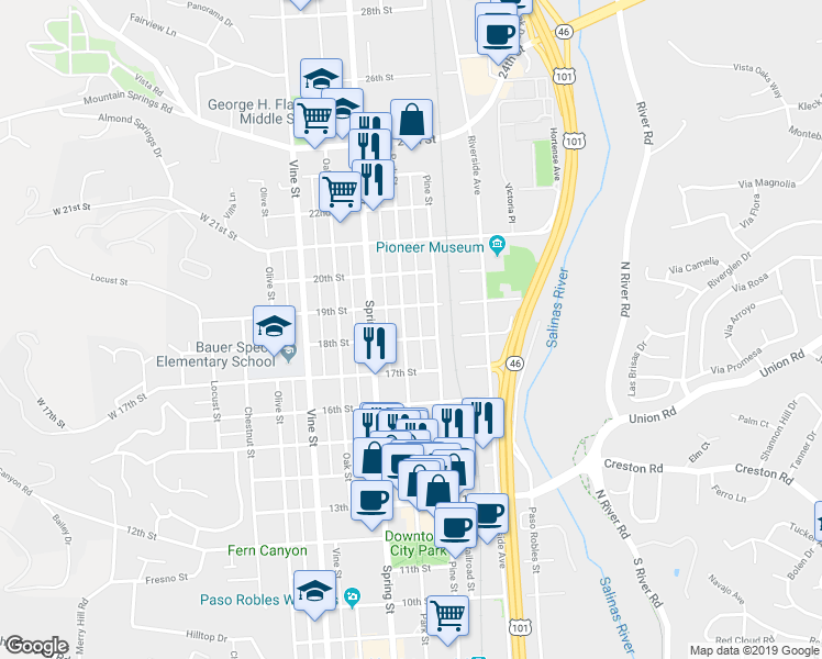 map of restaurants, bars, coffee shops, grocery stores, and more near 1810 Park Street in Paso Robles