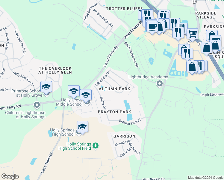 map of restaurants, bars, coffee shops, grocery stores, and more near 136 Chandler Springs Drive in Holly Springs