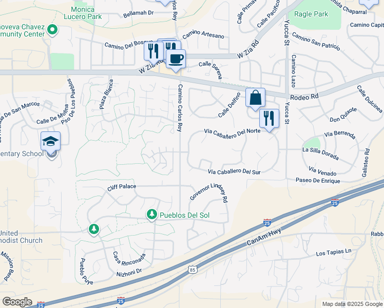 map of restaurants, bars, coffee shops, grocery stores, and more near 2699 Vía Caballero Del Norte in Santa Fe
