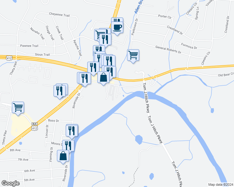 map of restaurants, bars, coffee shops, grocery stores, and more near 142 Bear Creek Pike in Columbia