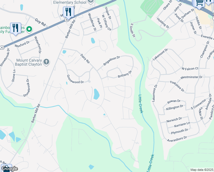 map of restaurants, bars, coffee shops, grocery stores, and more near 2804 Brittany Drive in Clayton